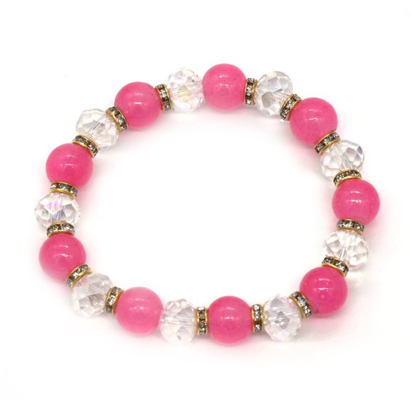 Bracelet with pink glass beads and clear crystals. OS. - Picture 2 of 2